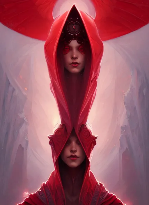 Prompt: symmetry!! portrait of a red hooded wizard, fantasy, intricate, elegant, highly detailed, digital painting, artstation, concept art, smooth, sharp focus, illustration, art by artgerm and greg rutkowski and alphonse mucha
