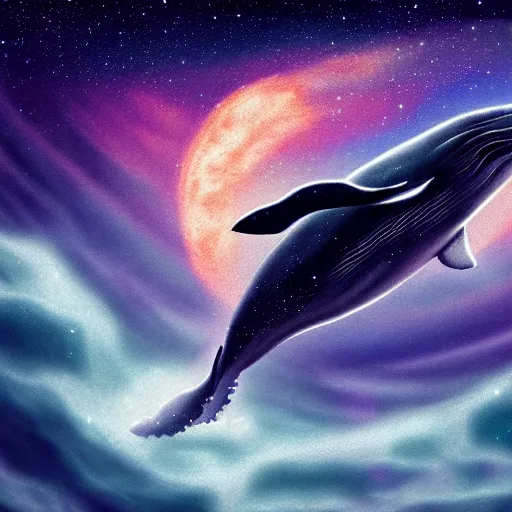 Image similar to portrait of whale swimming on a night sky, swimming across the universe, oniric, dreamy, beautiful, highly detailed, cinematic, trending on artstation