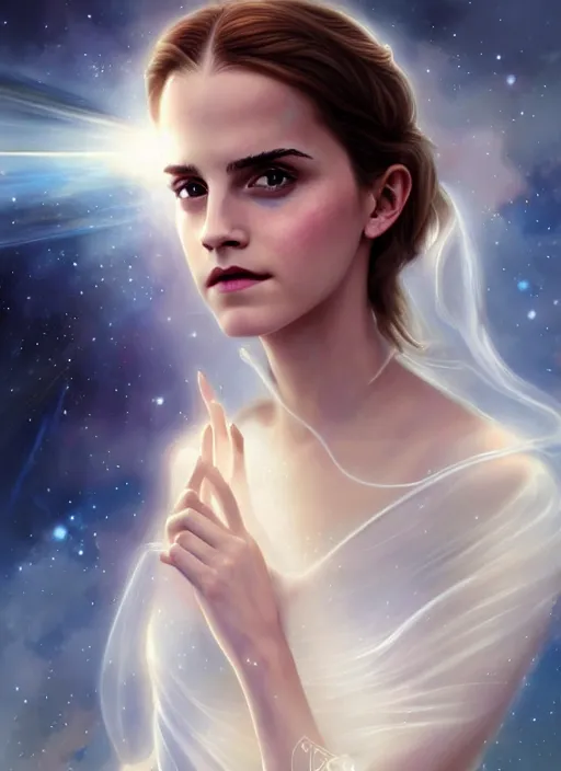 Prompt: emma watson as magic healer celestial, long hair, white and transparent cloth, space, D&D, shiny background, intricate, elegant, highly detailed, digital painting, artstation, concept art, smooth, sharp focus, illustration, artgerm, bouguereau