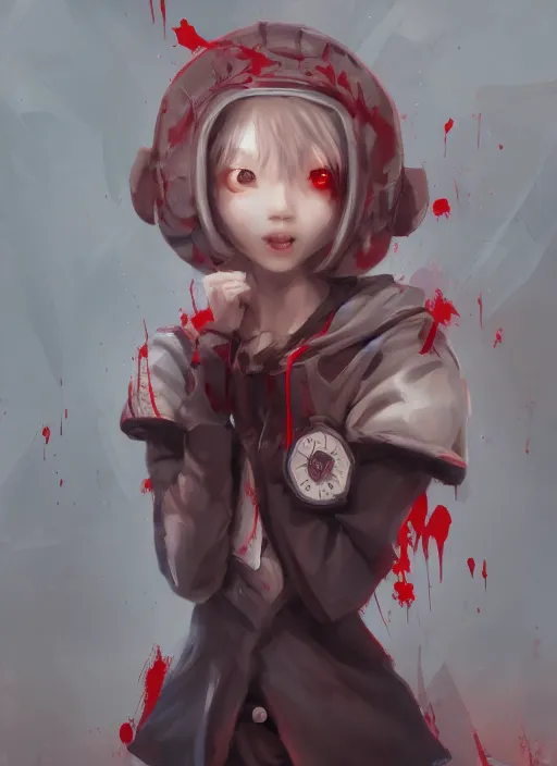 Image similar to a highly detailed illustration of short hair cute japanese girl wearing blood stained hoodie and bandages on legs, dramatic sadistic smile pose, intricate, elegant, highly detailed, centered, digital painting, artstation, concept art, smooth, sharp focus, league of legends concept art, WLOP