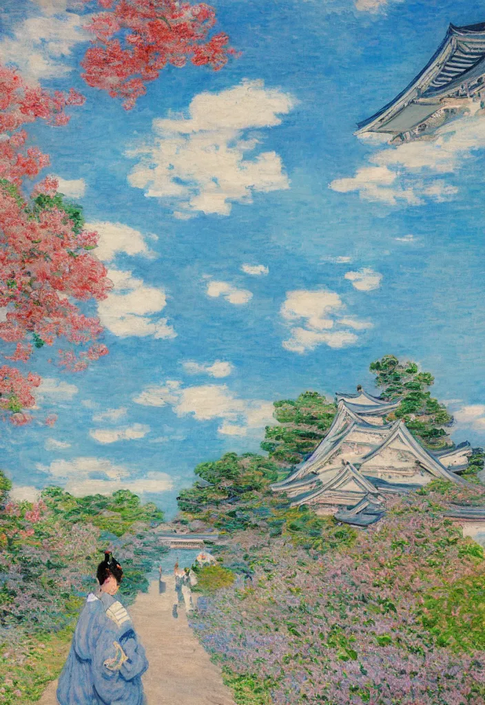 Image similar to tiny samurai in front of a futuristic japanese country side landscape, edo era house in the background, blue sky, magnificient clouds, lofi vibe, vivide colors, amazing light, really beautiful nature, oil painting, impressionist style, by claude monet, by ghibli, by kandinsky, multiple brush strokes, masterpiece
