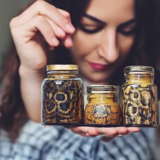 Image similar to young woman selling snake oil, putting snakes into jars, multiple jars of poisonous snake oil