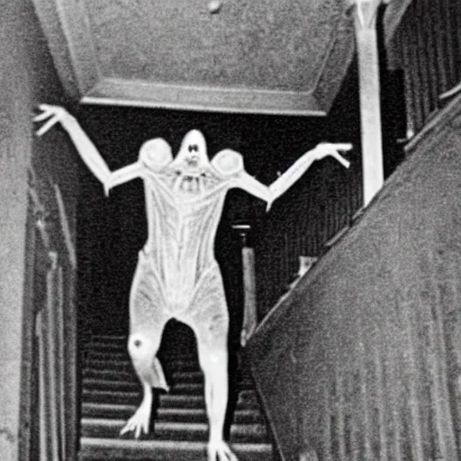 Prompt: a worn old photograph of a scary humanoid creature with glowing eyes crawling up the stairs from the basement, found footage, eldritch, creepy