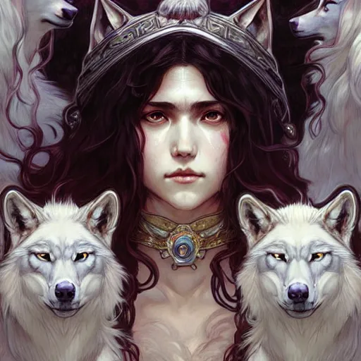 Prompt: Portrait of Princess Mononoke surrounded by white wolves, face, fantasy, intricate, elegant, highly detailed, digital painting, artstation, concept art, smooth, sharp focus, illustration, art by Fernanda Suarez and Artem Demura and alphonse mucha