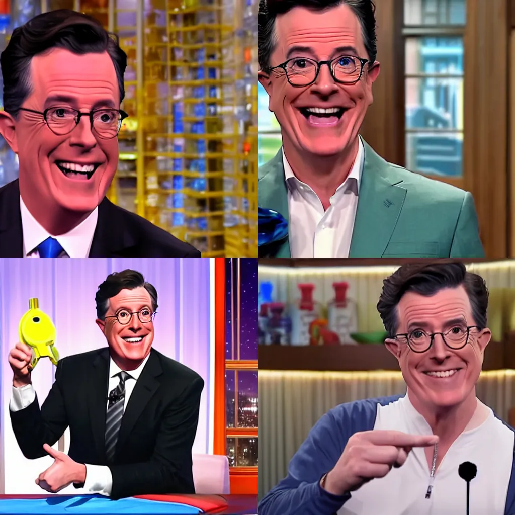 Prompt: stephen colbert dances with cartoon syringes and tells you to take the vax