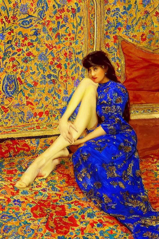 Prompt: gorgeous iranian girl wear detailed golden blue dress lay down on a detailed persian carpet, a big tree palm persian pot, painting by john singer sargent