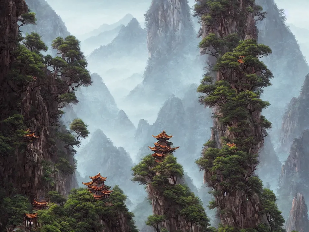 Image similar to beautiful mountainous landscape of huangshan with buddisht and taoist temples on hilltops on a rainy day by federico pelat, andreas rocha, greg rutkowski, artstation, futuristic, sci - fi, hd, 4 k, wide - angle