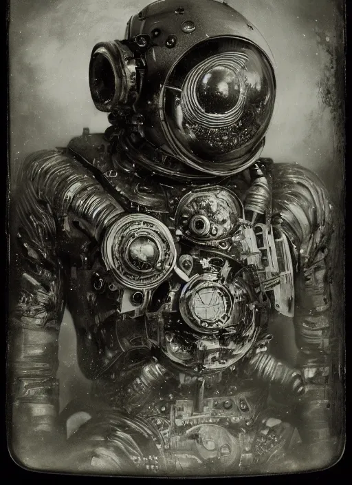 Image similar to old wetplate daguerreotype portrait of a futuristic silver armored space astronaut cyborg, fractal, intricate, elegant, highly detailed, parallax, leica, medium format, subsurface scattering, by jheronimus bosch and greg rutkowski and louis jacques mande daguerre