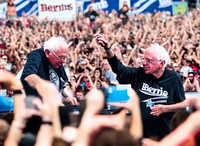 Image similar to photo still of bernie sanders at vans warped tour!!!!!!!! at age 8 0 years old 8 0 years of age!!!!!!! stage diving into a crowd, 8 k, 8 5 mm f 1. 8, studio lighting, rim light, right side key light