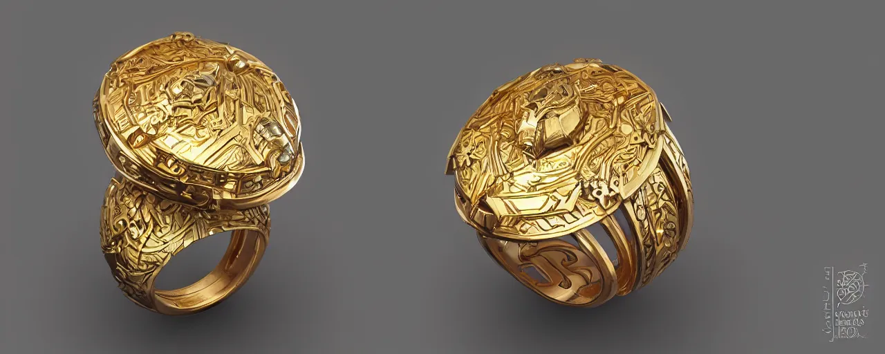 Image similar to simple ring with a shield ornament, ring, wood, gold, smooth shank, crystals, engravings, product design, jewelry, art by gerald brom, greg rutkowski and artgerm and james jean and zdzisław beksinski, 8 k, unreal engine, c 4 d