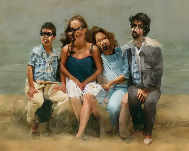 Image similar to happy father, mother, son, daughter, pose portrait on beach, realistic faces