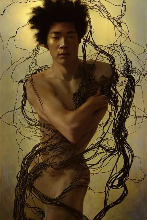 Prompt: hyperrealist portrait of elijah zu bailey, it is decorated with long wires that fall like vines and wears small computers over their body. by jeremy mann and alphonse mucha, fantasy art, photo realistic, dynamic lighting, volumetric lighting, very detailed faces, award winning