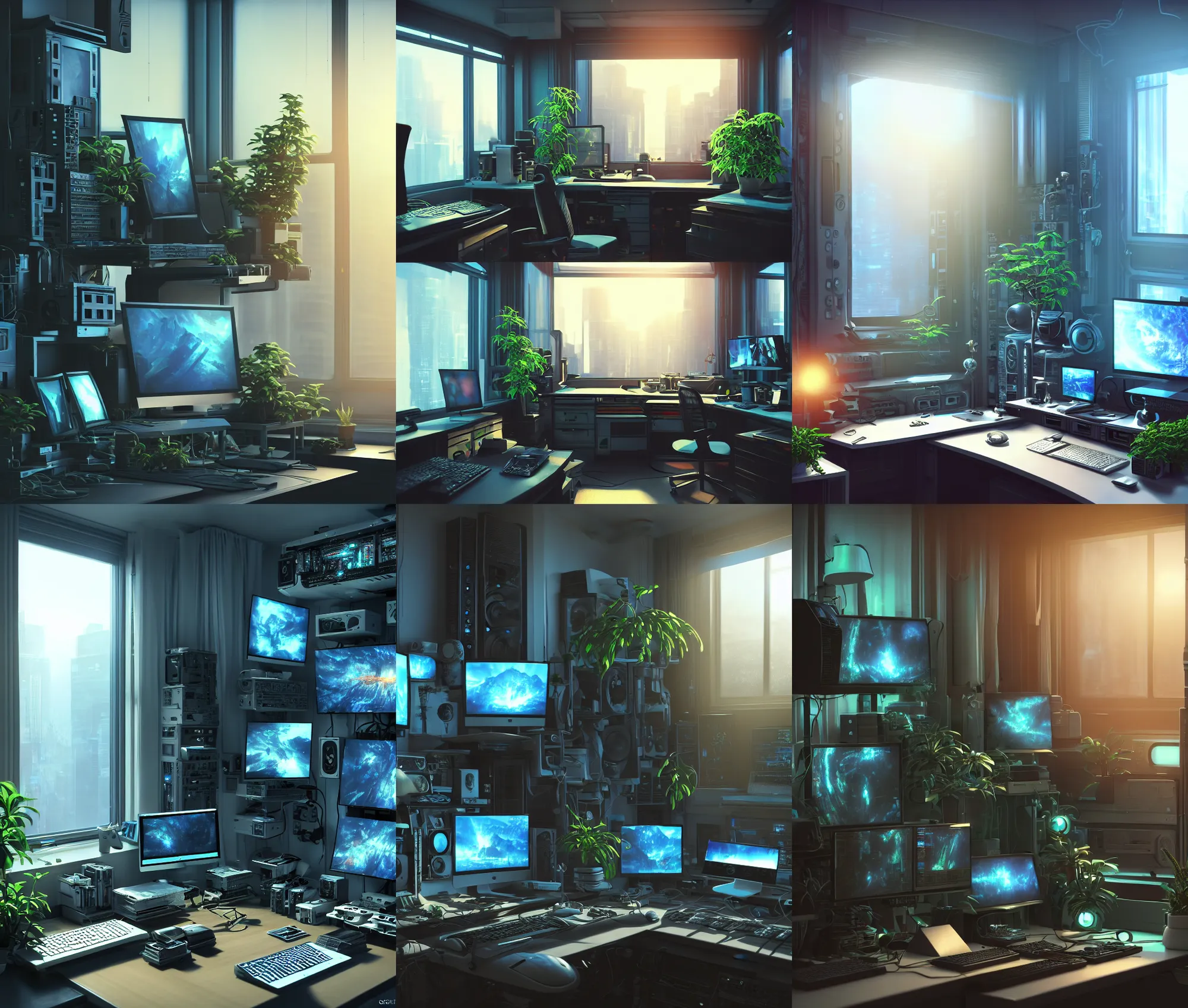 Prompt: detailed scifi artstation scene of a complex computer workstation in a small studio apartment room, a potted plant, many monitors, many electronics, a window view, maximalism, ambient occlusion, volumetric light, sunny amber morning light, soft sun beam, atmospheric haze, unreal engine, hyperrealism, realistic shading, blender render, photorealistic, wide shot