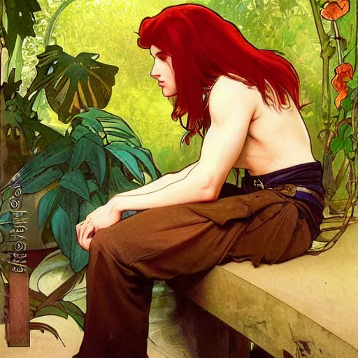 Image similar to a red-haired long-haired teenage boy sitting at a computer, jungle around him, painting by artgerm and alphonse mucha, smooth sharp focus, third person POV