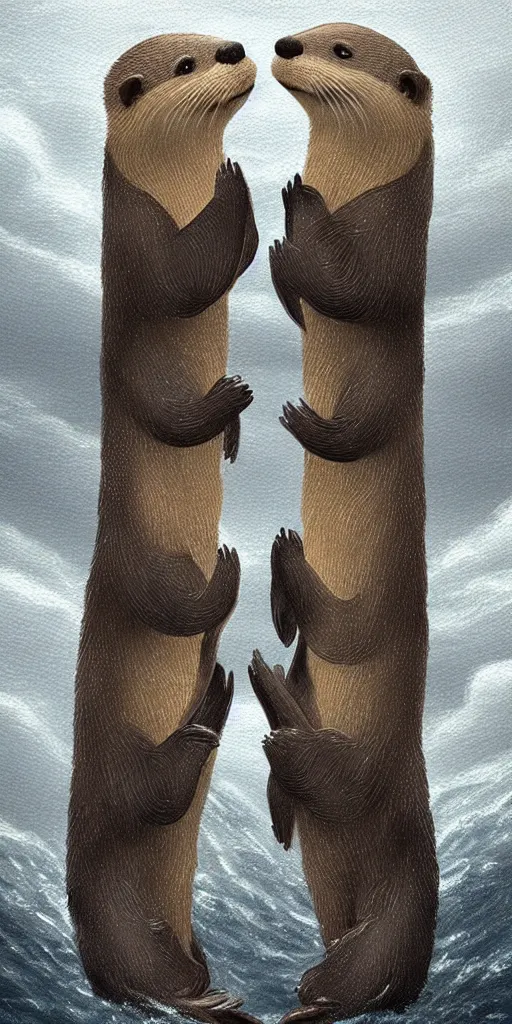 Image similar to two adorable otters falling in love holding hands side by side huddled, all hiding together in the middle of a super scary storm at sea, fantasy illustration, cinematic, award winning, romantic, detailed trending on artstation, masterpiece