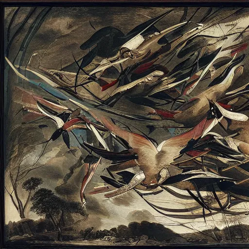 Prompt: by john james audubon, by jackson pollock flowing. a body art of a winged creature, flying high above a group of people in a dark, wooded area. the creature's wings are spread wide & its head is turned upwards, looking towards the sky. people below looking up at creature awe & fear.