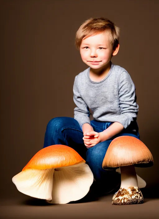 Image similar to studio portrait still of cute creature sitting next to a mushroom, 8 k, studio lighting, key light,