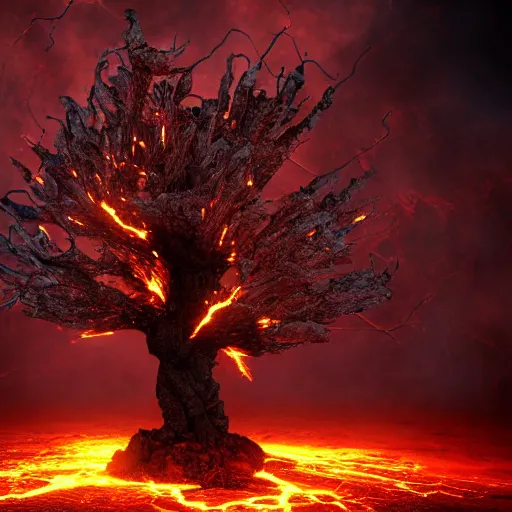 Image similar to Tree of hell, Darkness, fire, larvae, rust, black lightning, portal, cinematic, HD, ultra detail, 8k