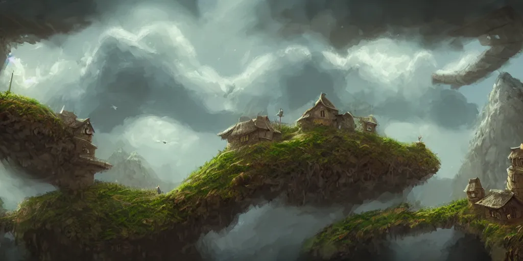 Image similar to peaceful village built on clouds, d & d, rope bridges, birds in background, high fantasy, detailed, digital painting, realistic, landscape by jonathan berube