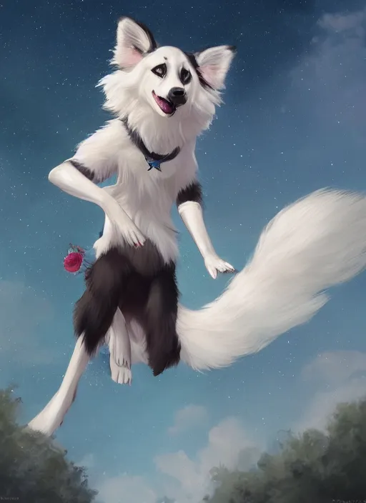 Image similar to wide angle beautiful full body portrait of a cute male anthropomorphic anthro border collie fursona wearing clothes and falling from the sky, character design by charlie bowater, henry asencio, and ross tran, disney, scenic background, detailed, aesthetic, trending on artstation, furaffinity, deviantart