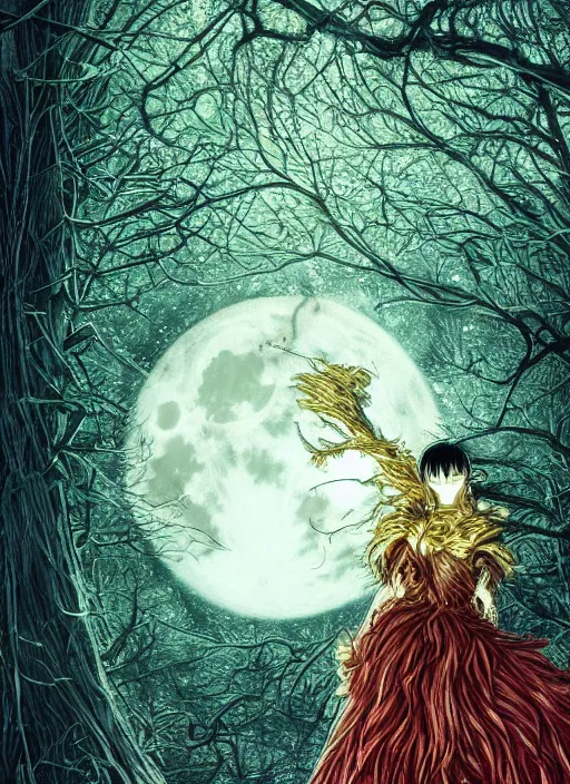 Image similar to glowing silver and golden elements, full close-up portrait, A beautiful dark witch in front of the full big moon, book cover, green forest, red white black colors, establishing shot, extremly high detail, foto realistic, cinematic lighting, pen and ink, intricate line drawings, by Yoshitaka Amano, Ruan Jia, Kentaro Miura, Artgerm, post processed, concept art, artstation, matte painting, style by eddie, raphael lacoste, alex ross