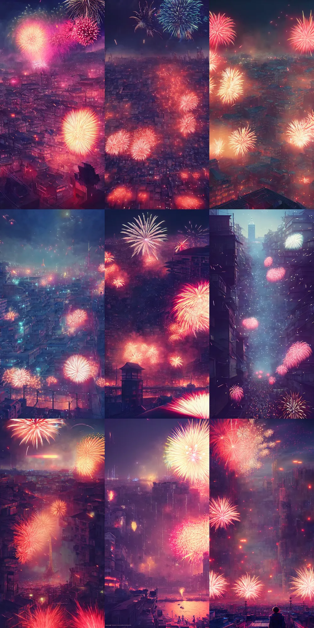 Prompt: firework festival by kyoto animation, insanely detailed. instagram photo, kodak portra. by wlop, ilya kuvshinov, krenz cushart, greg rutkowski, pixiv. zbrush sculpt, octane, maya, houdini, vfx. huge cityscape. cinematic dramatic atmosphere, sharp focus, volumetric lighting