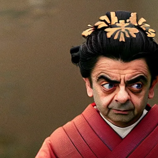 Image similar to an film still of rowan atkinson as samurai, cinematic, dramatic action