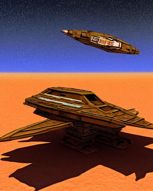 Image similar to a rusty starship in the desert in the style of chris foss and rodger dean