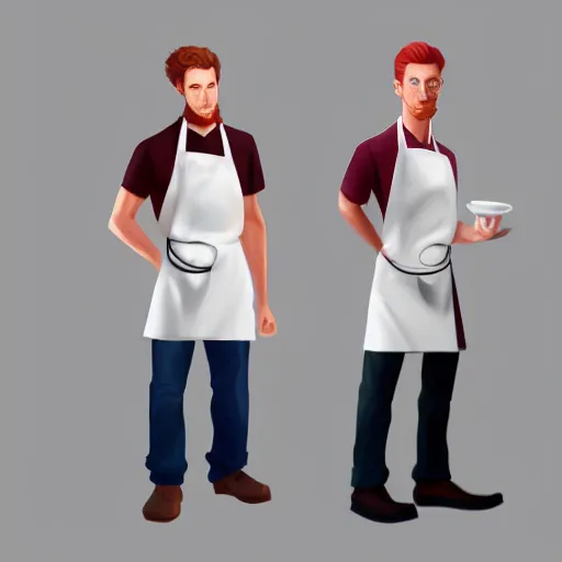 Image similar to young red headed man wearing a white chef\'s apron, full body, digital character art, trending on artstation