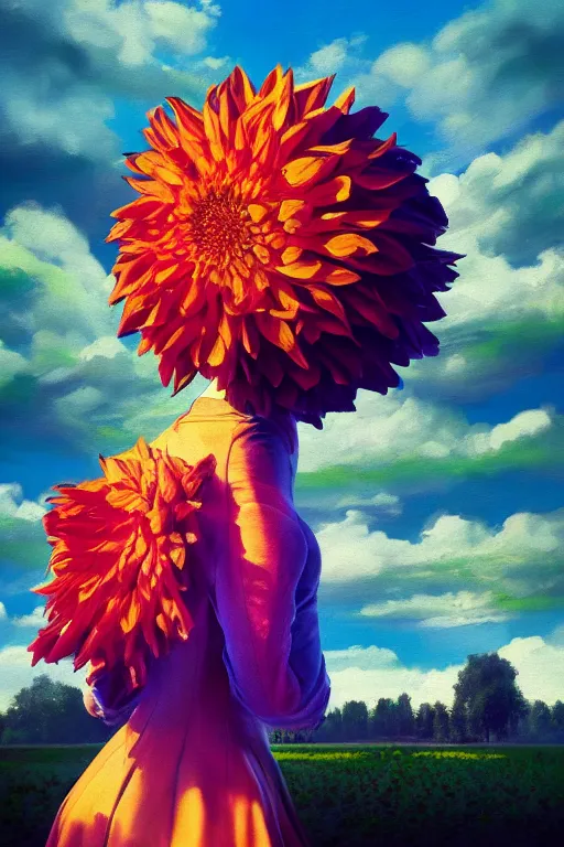 Image similar to closeup giant dahlia flower head, girl in a suit, surreal photography, blue sky, sunrise, dramatic light, impressionist painting, digital painting, artstation, simon stalenhag