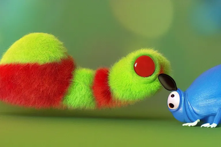 Image similar to disney pixar's a bug's life, cgi caterpillar colorful, furry caterpillar