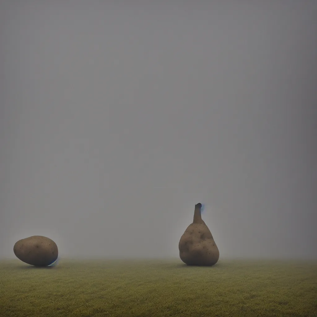 Image similar to soviet brutalism style, big sculpture of one potato in foggy field, very detailed, 4 k, professional photography