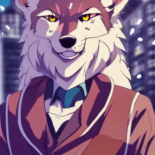 Image similar to key anime visual portrait of a handsome male anthro wolf furry fursona with beautiful eyes, wearing a cool outfit in downtown, official modern animation