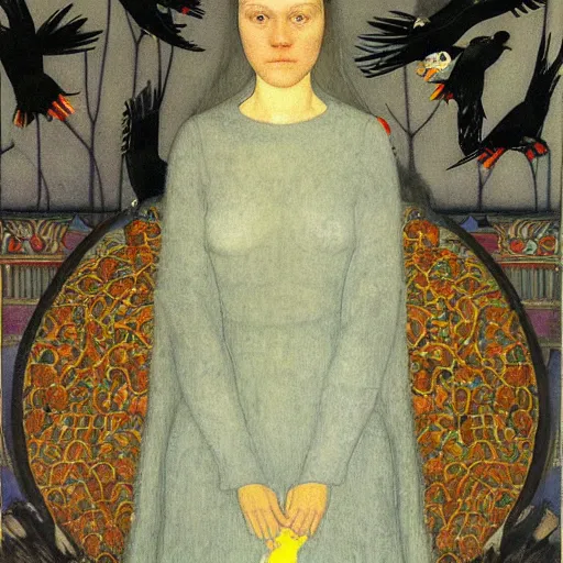 Prompt: a woman in a medieval city, a lots of crows, hyperrealistic, by gottfried helnwein, by klimt, by paolo uccello, art nouveau, highly detailed, strong lights, liminal, eerie, symbolist, bright pastel colors