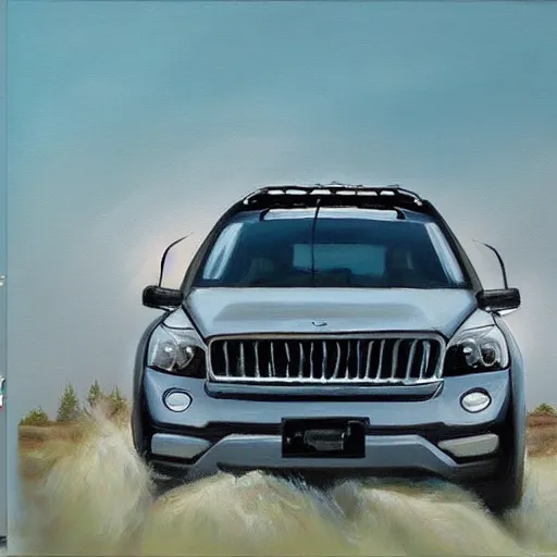 Prompt: realistic painting of a suv in the air