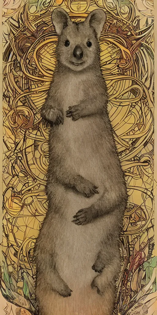 Image similar to a quokka in the style of mucha