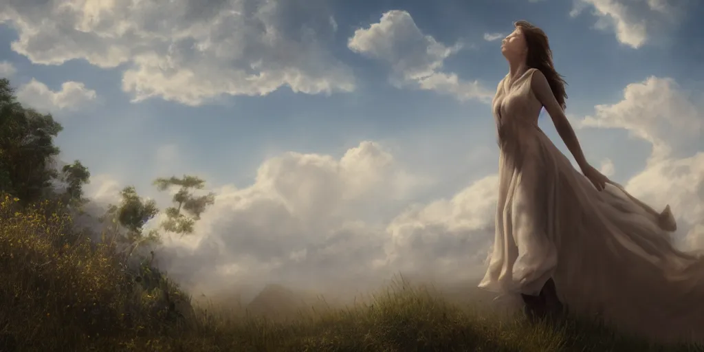 Image similar to realistic scene of a mysterious woman walking on a clouds while it's sunny, detailed, 1 4 5 0, delicate, hyper realism, ultra realistic, 8 k