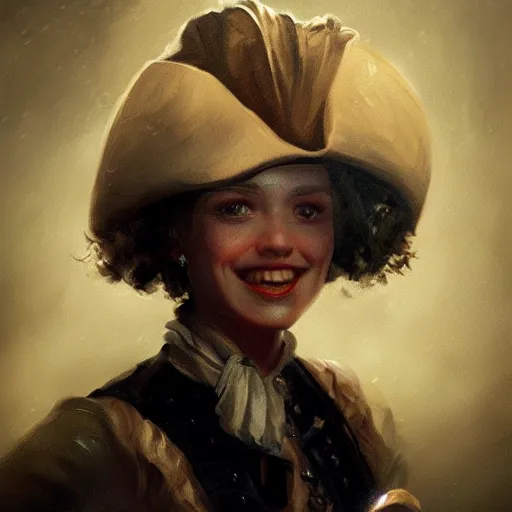 Image similar to smiling, beautiful, intelligent female pirate captain 3 5 years old, 1 9 4 0 s haircut, fully clothed, wise, beautiful, 1 7 5 0 s oil painting, dramatic lighting, trending on artstation, sharp focus
