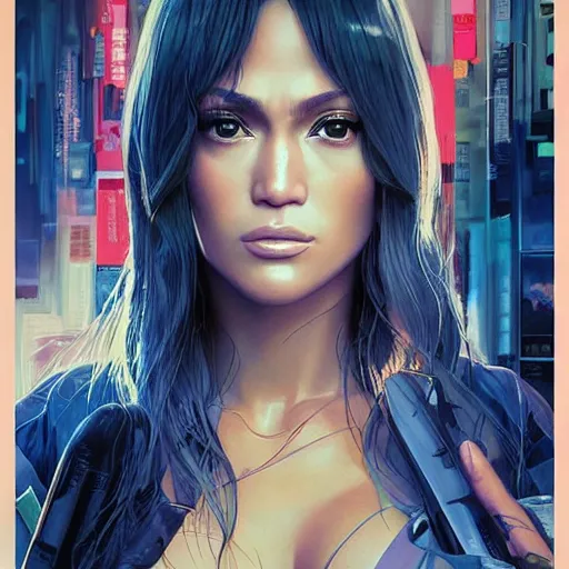 Image similar to jennifer lopez portrait as manga girl, realistic shaded perfect face, fine details. anime. realistic shaded lighting poster by ilya kuvshinov katsuhiro otomo ghost - in - the - shell, magali villeneuve, artgerm, jeremy lipkin and michael garmash and rob rey