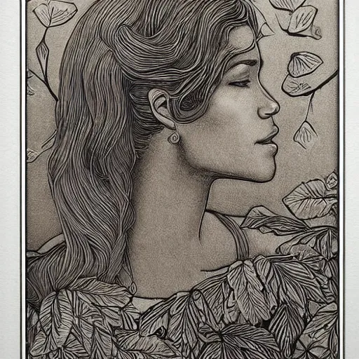 Image similar to Copper engraving of a calm and appeased woman, closing eyes, ivy creeping around her face, artstation, intricate, 8k, award-winning