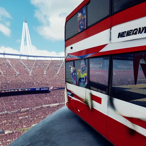 Image similar to evel knievel jumping busses at wembly stadium 3 d studiomax, maya 3 d, unrealengine, 4 k, 8 k, hdr, extreme render, mind - bending reality, hyper detailed, wide angle ultra - vivid, photo - realistic nikon 3 5 mm, photograph