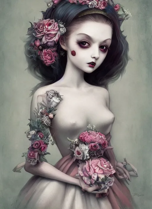 Image similar to pop surrealism, lowbrow art, realistic cute bride white gown girl painting, japanese street fashion, hyper realism, muted colours, rococo, natalie shau, loreta lux, tom bagshaw, mark ryden, trevor brown style,