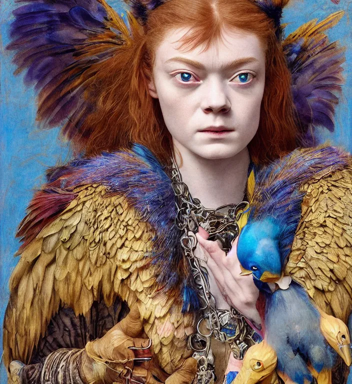 Prompt: a portrait photograph of a meditating fierce sadie sink as a colorful harpy bird super hero with blue mutated skin. she has animal skin grafts and cyborg body modifications and implants. by donato giancola, hans holbein, walton ford, gaston bussiere, peter mohrbacher and brian froud. 8 k, cgsociety, fashion editorial