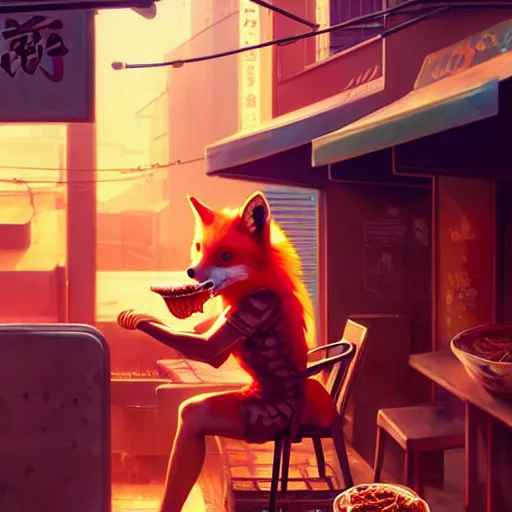 Image similar to splash art of cute female anthropomorphic vulpes vulpes fulva eating ramen noodles by a stand in the crowded street of a cyberpunk city : by weta, greg rutkowski, wlop, ilya kuvshinov, rossdraws, artgerm, octane render, liosh, mucha