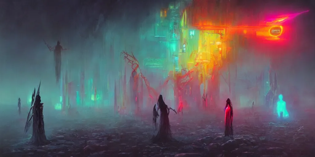 Image similar to witches and indigenous women warriors and androids saving the country from lovecraftian aliens, neon colors, concept art, cyberpunk, high quality, photorealistic, 4 k, by zdzislaw beksinski
