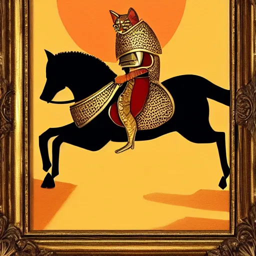 Prompt: a wide shot of a cat wearing an armor, riding on a prancing horse, golden hour, illustration, oil panting, matte