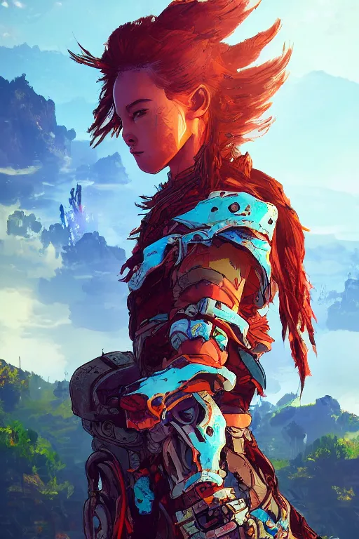 Image similar to combination suit armor aloy horizon forbidden west horizon zero dawn radiating a glowing aura global illumination ray tracing hdr fanart arstation by ian pesty and alena aenami artworks in 4 k tribal robot ninja mask helmet backpack