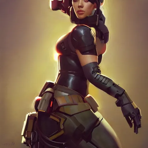 Image similar to greg manchess portrait painting of partially armored scarlett johansson as overwatch character, medium shot, asymmetrical, profile picture, organic painting, sunny day, matte painting, bold shapes, hard edges, street art, trending on artstation, by huang guangjian and gil elvgren and sachin teng