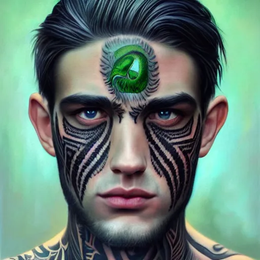 Prompt: ultra realistic portrait painting of a perfect handsome man green eyes black and grey hair, neck tribal snake tattoo, painted by Tristan Eaton Stanley Artgerm and Tom Bagshaw