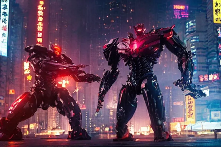 Image similar to film still of the best fight scene from the new pacific rim john wick crossover movie, set in hong kong